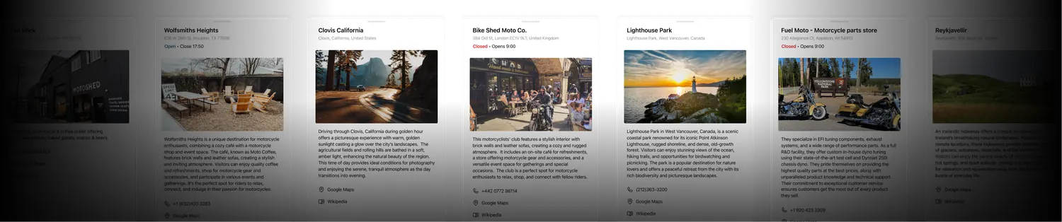 Motorcycle viewpoints, rider meeting spots, fuel stations and cafes