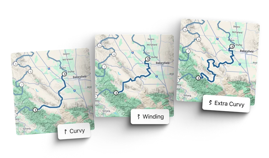 Three curve levels and seven avoidance options for motorcycle route planning
