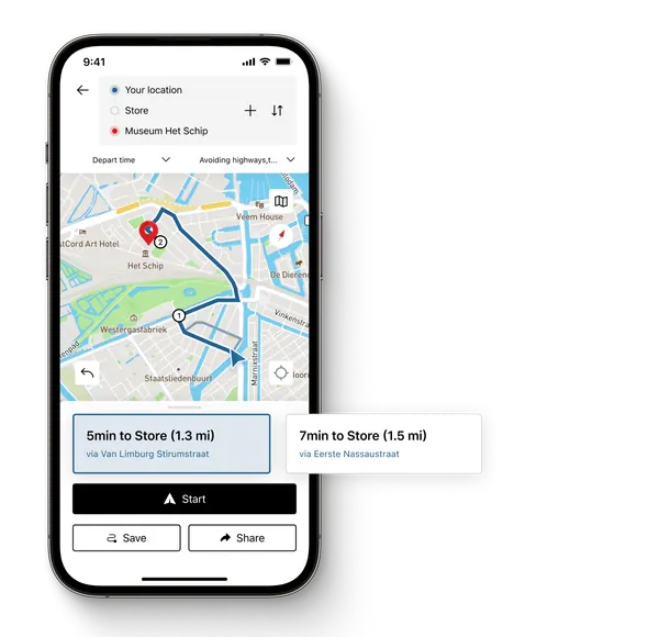 Blucap Go route planner connecting several waypoints on a map