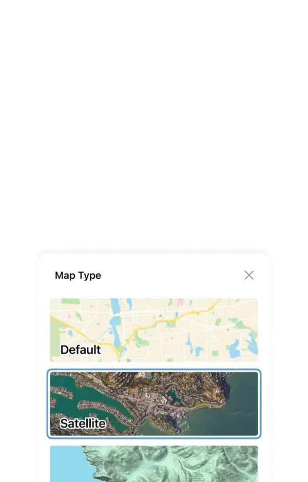 Terrain, satellite and standard map layers in Blucap Go
