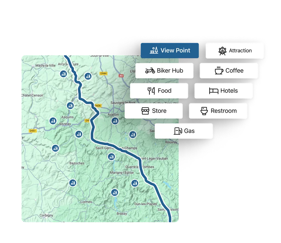 A Blucap Go route with adjustable waypoints and road curviness