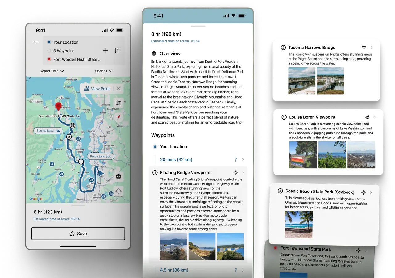 Blucap Go scenic route maps with roadside views and weather information