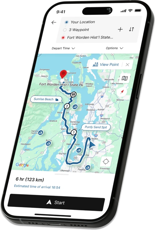Blucap Go displaying a motorcycle route, viewpoints and weather on an iPhone