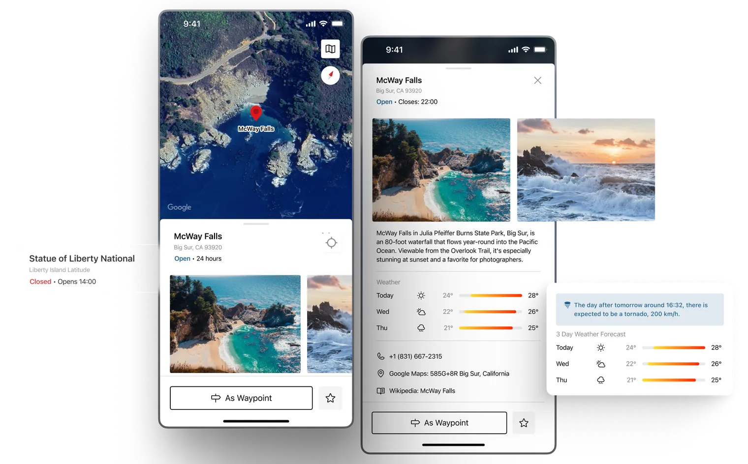 Photographs, locations and details for scenic waypoints in Blucap Go